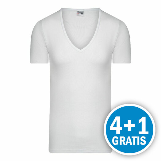 Beeren M3000 Heren Diepe V-hals T-shirt Extra Lang Wit Voordeelpakket - 4+1 Gratis!